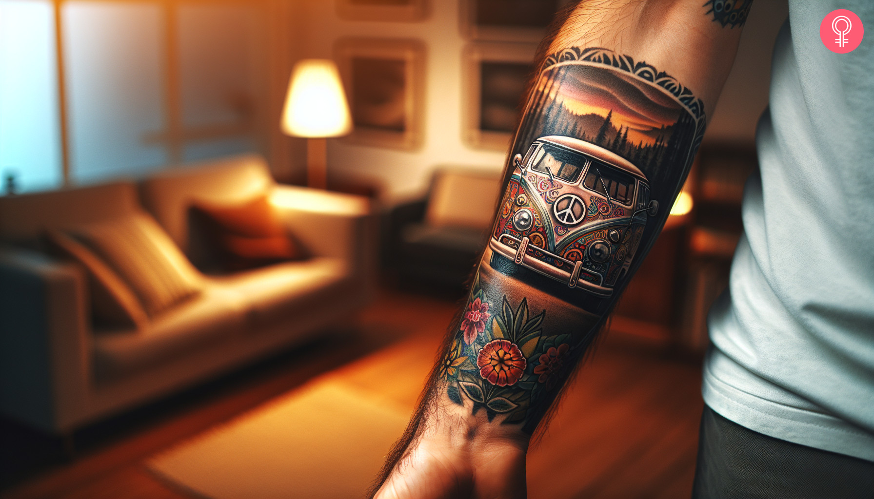 A hippie tattoo on the forearm of a man