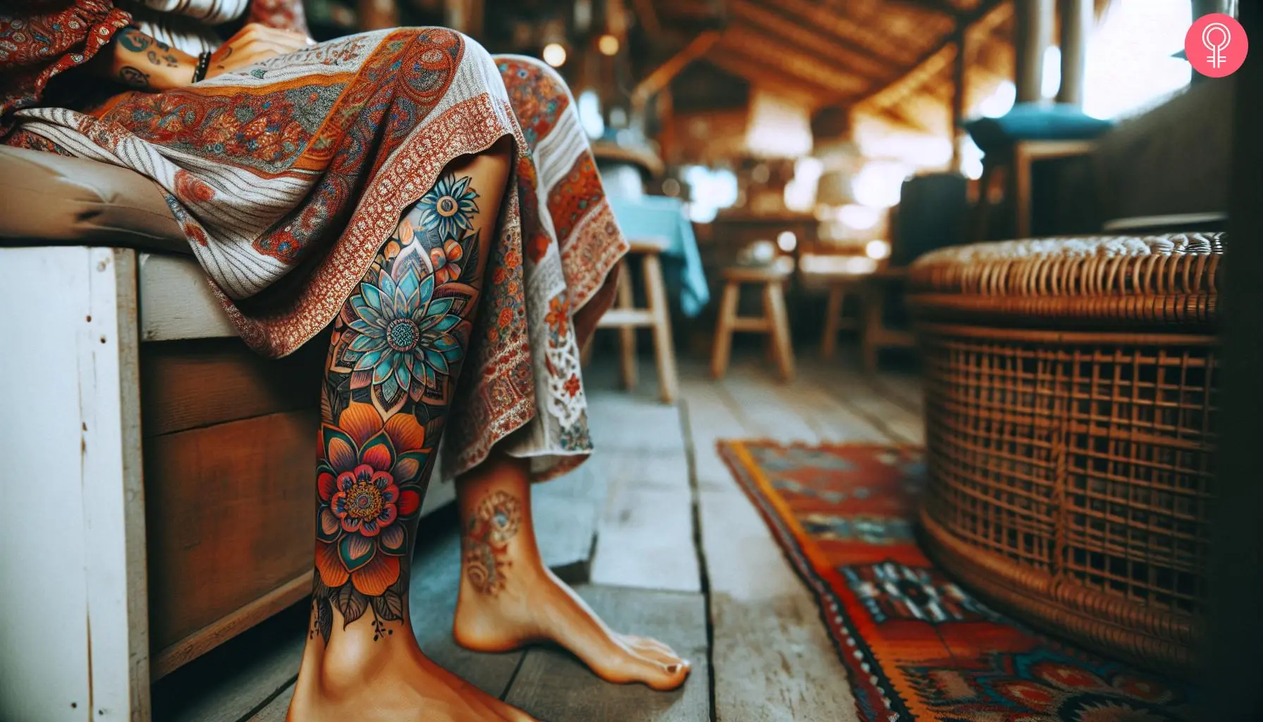 A hippie tattoo on the leg of a woman