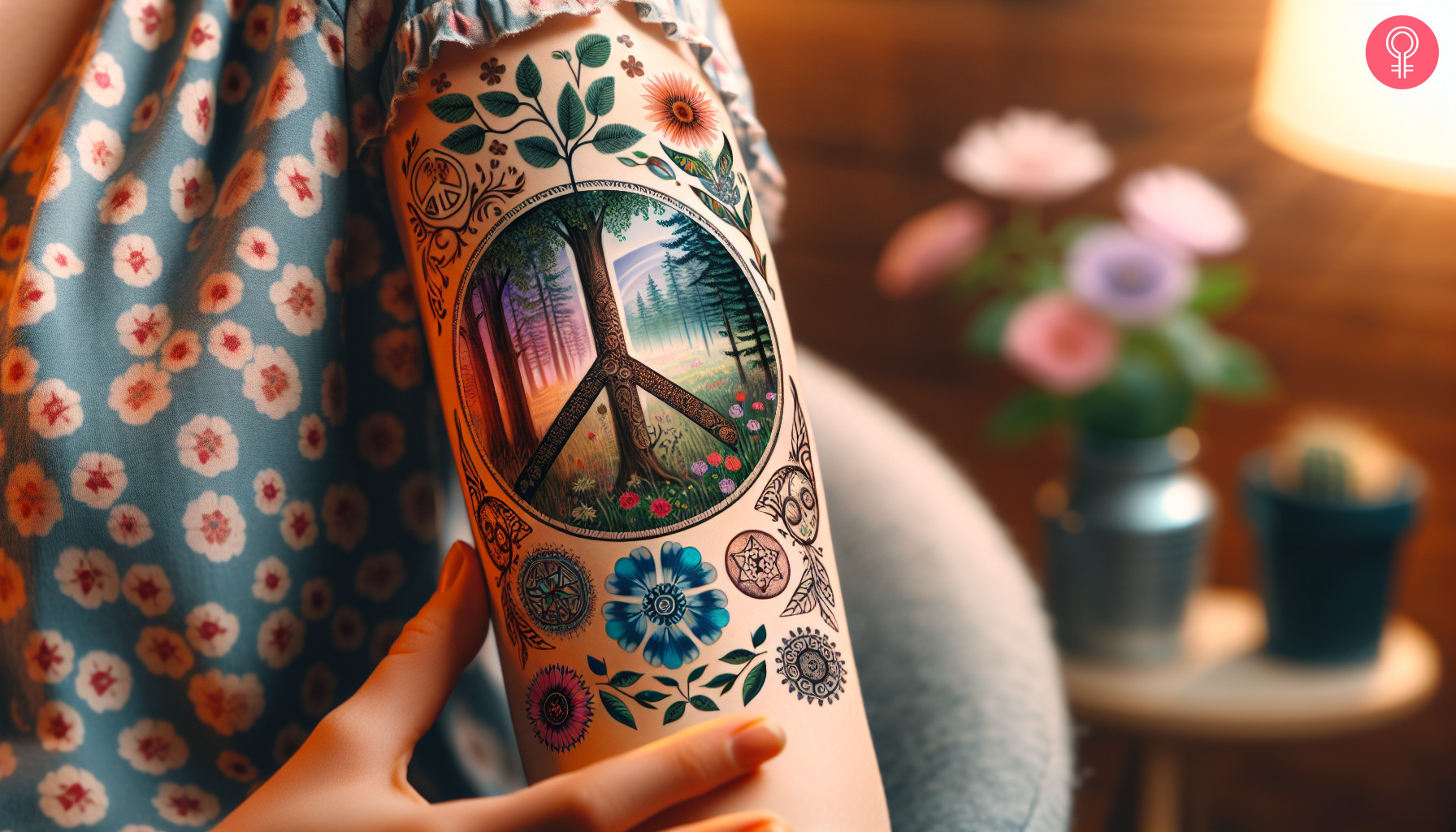 A hippie meaningful nature tattoo on the arm of a woman