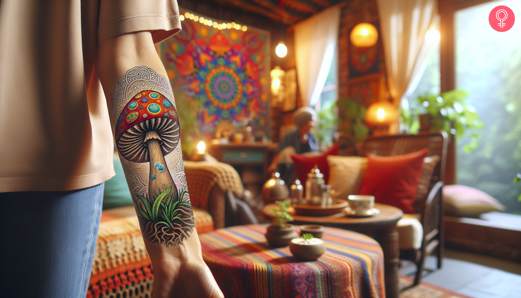 A hippie mushroom tattoo on the forearm of a woman