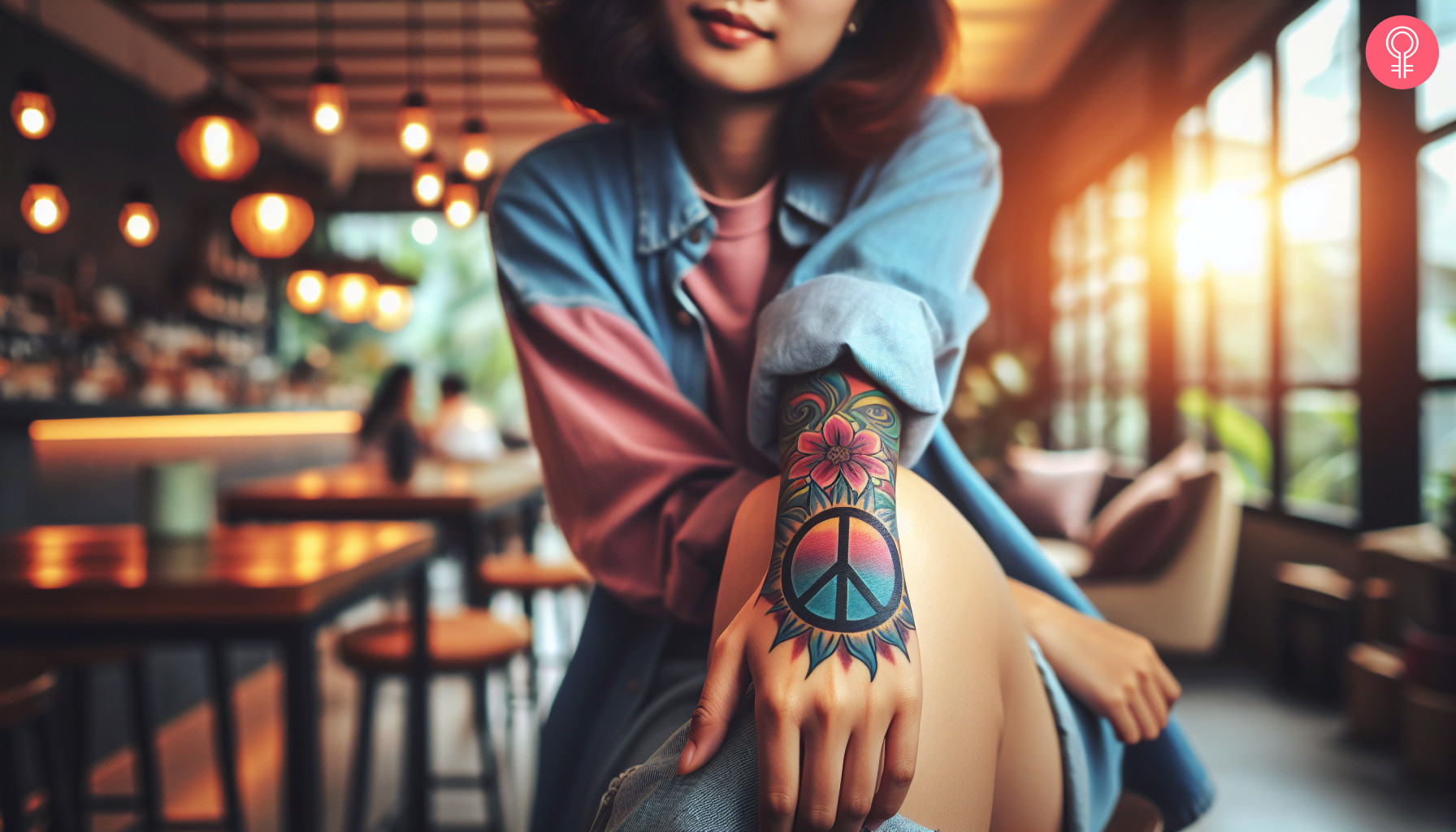 Hippie peace sign tattoo on the hand of a woman