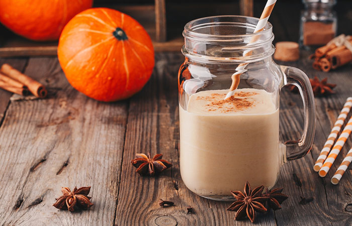 Homemade pumpkin spice protein shake in a mason jar