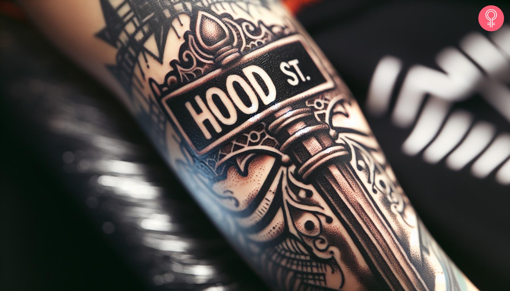 Hood street sign on a woman's arm