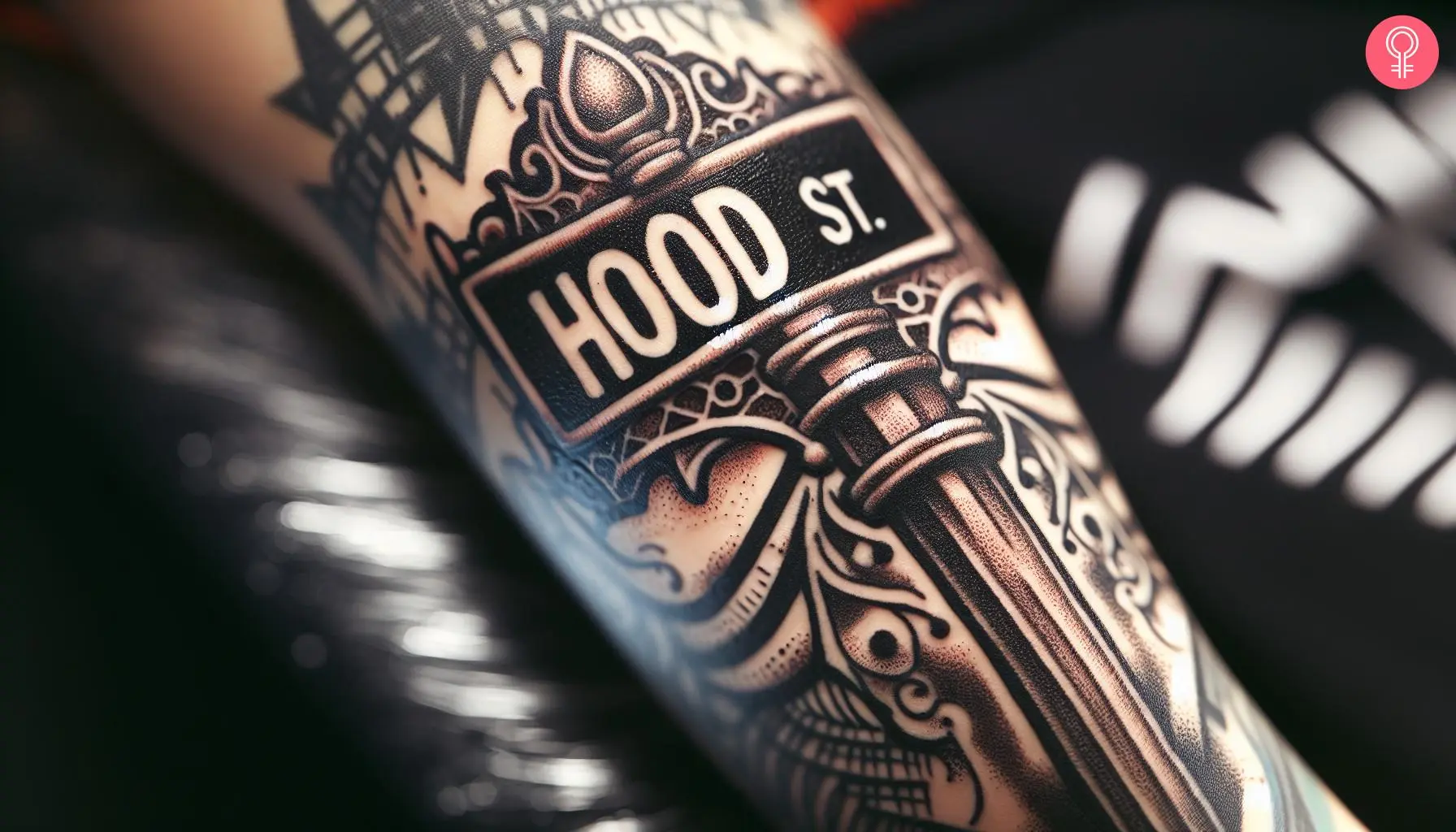 Hood street sign tattoo on a woman’s arm