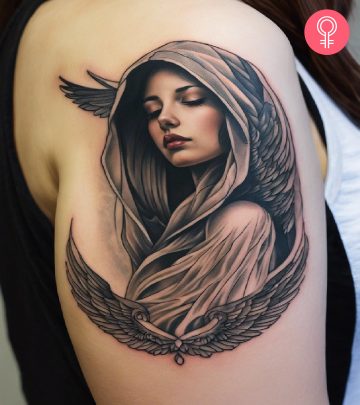 A woman with a Grim Reaper tattoo on her back