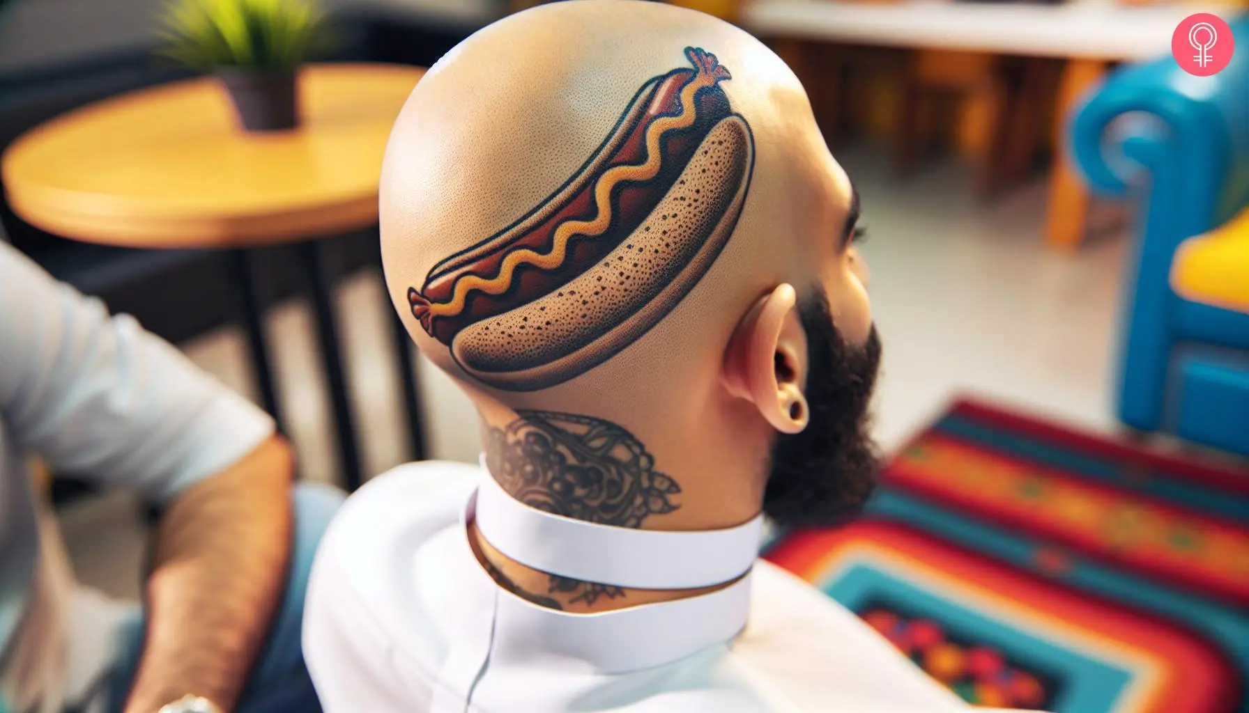 Man with hot dog tattoo on his head