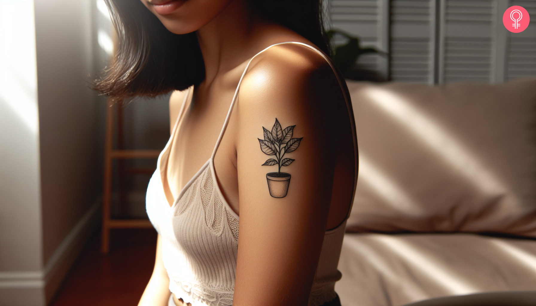 Houseplant black and white tattoo on the upper arm