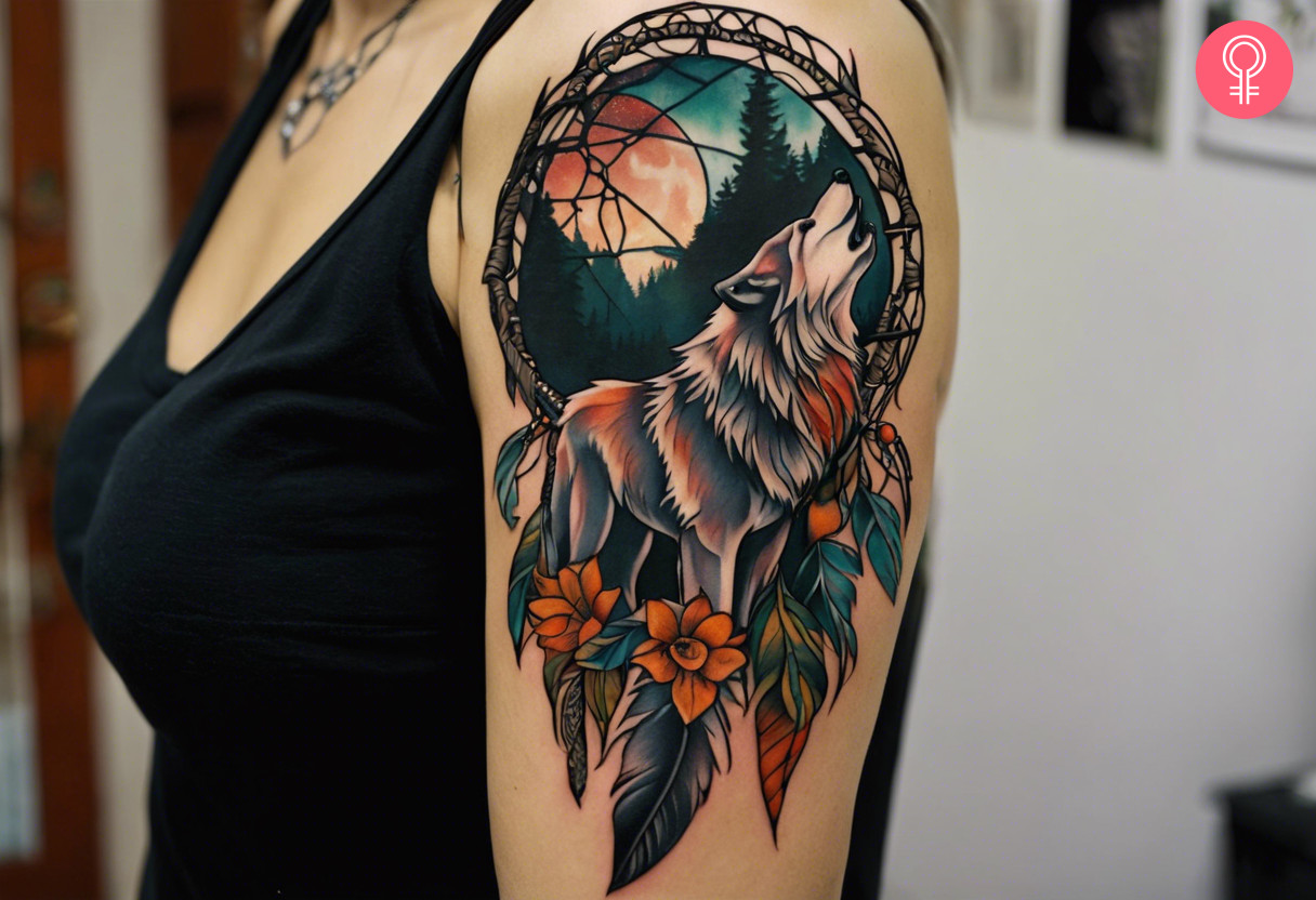 A tattoo on a woman’s arm featuring a howling wolf in a dreamcatcher