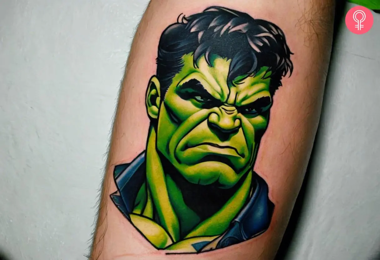 A colored incredible hulk forearm tattoo