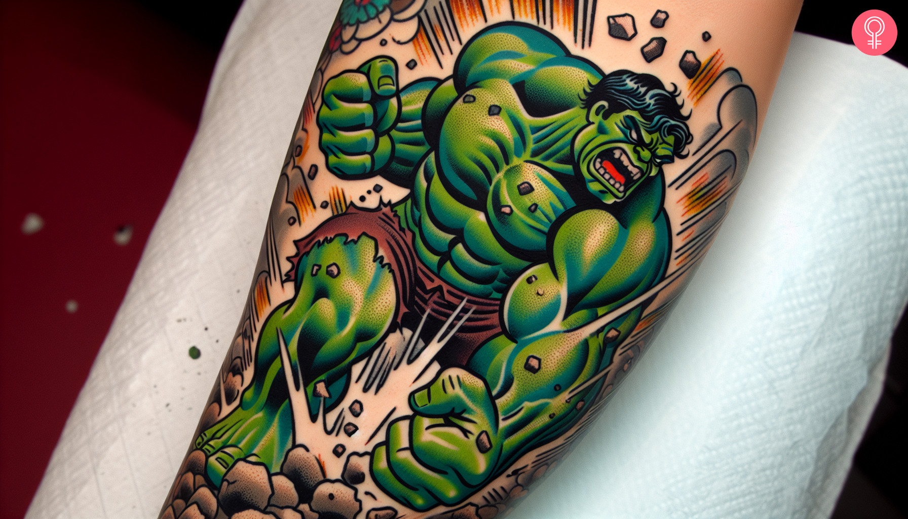 A hulk smash tattoo on the forearm