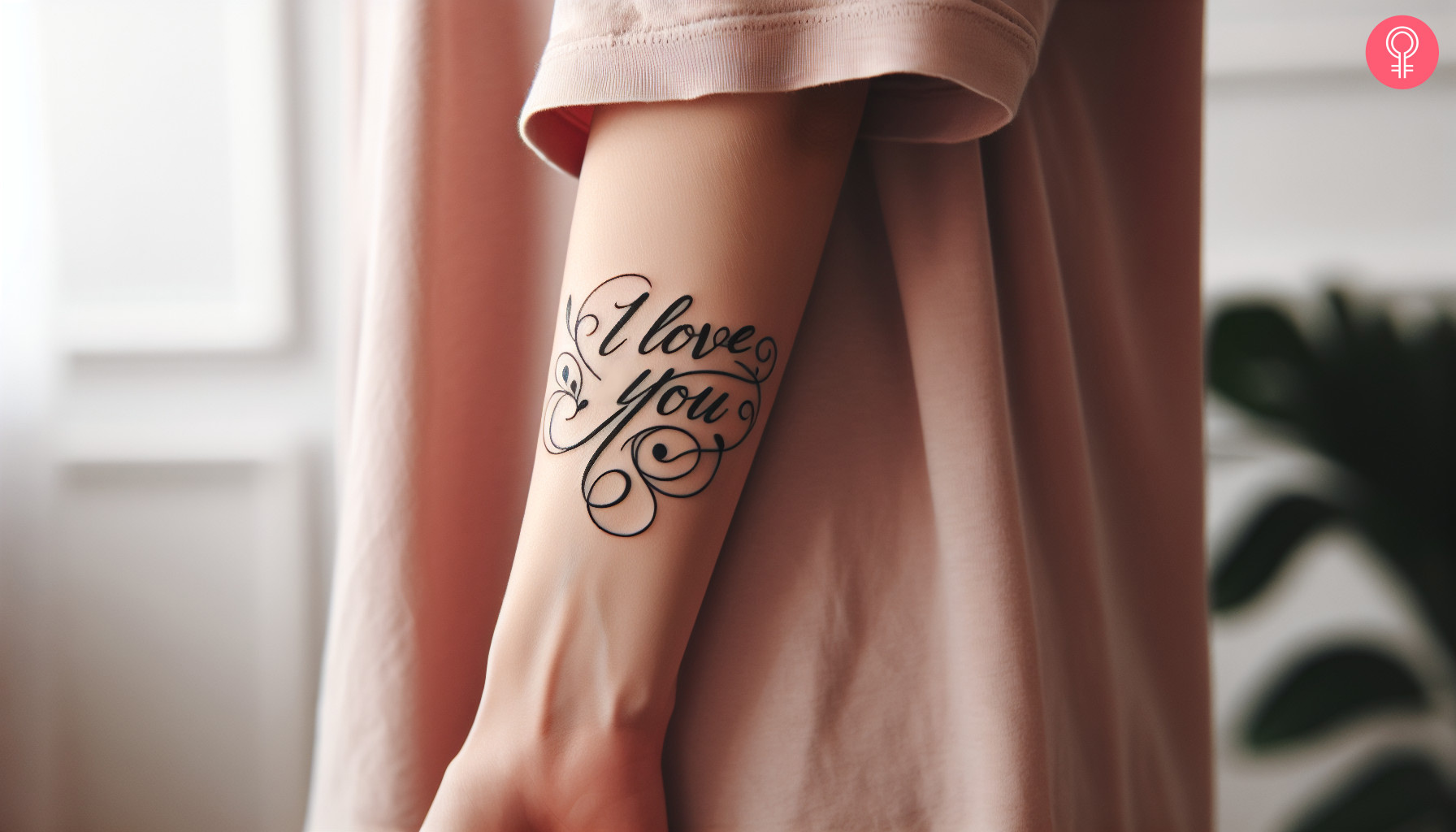 The words I love you inked in cursive on the arm.