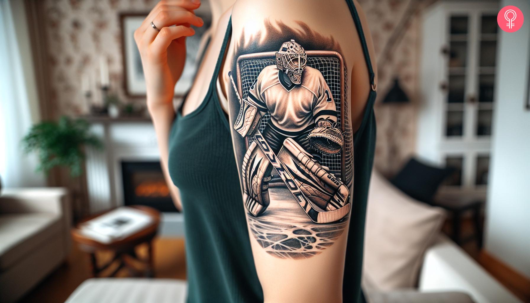 Ice hockey goalie tattoo on the upper arm