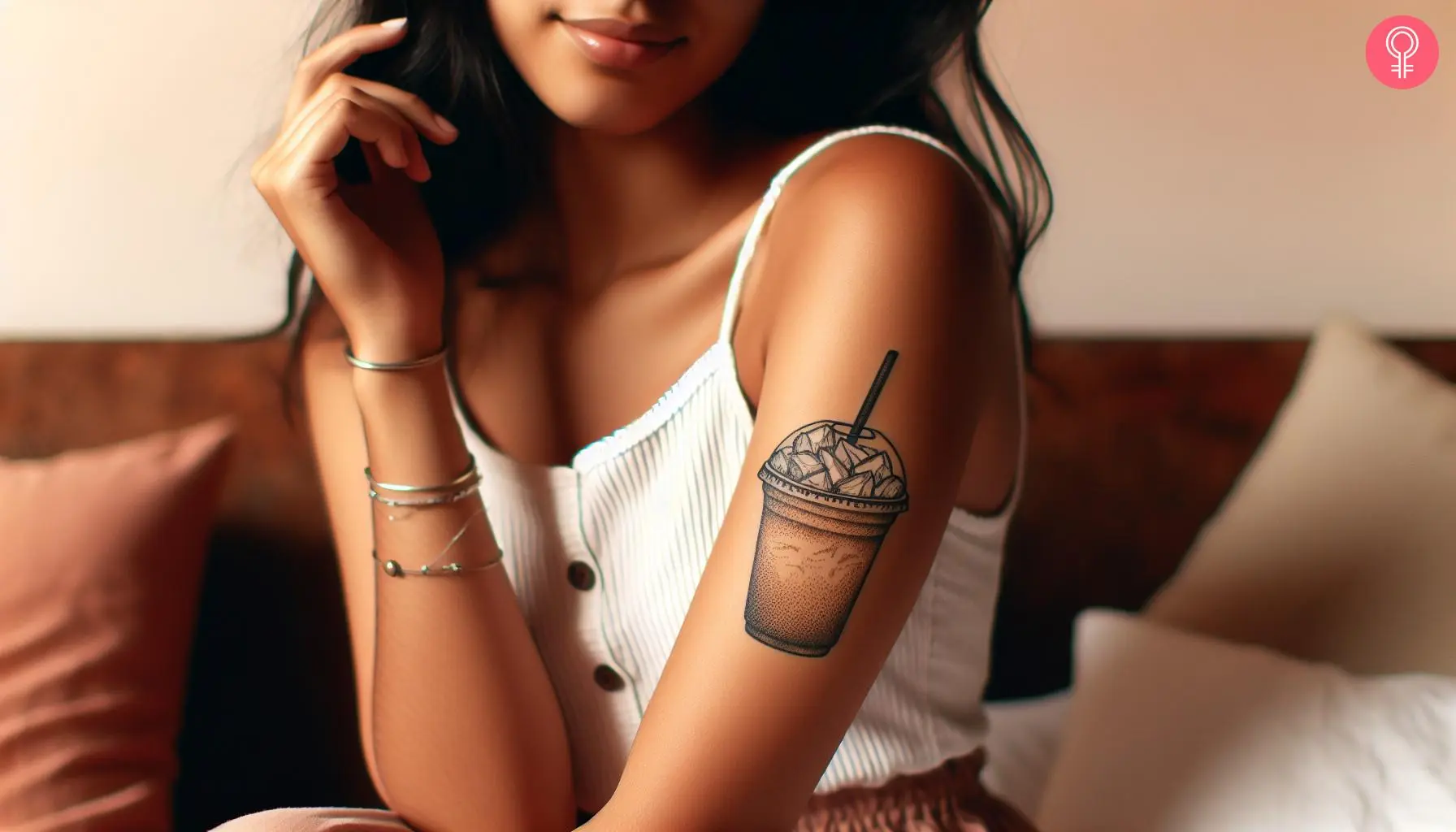 An iced coffee tattoo on a woman’s forearm