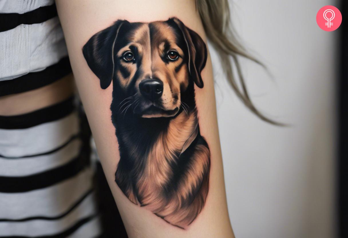 Illustrative realism dog tattoo on forearm