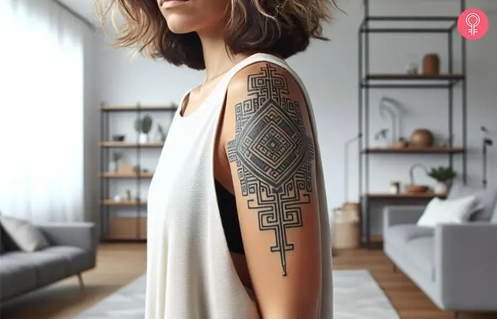 An inca cross tattoo on the upper arm of a woman