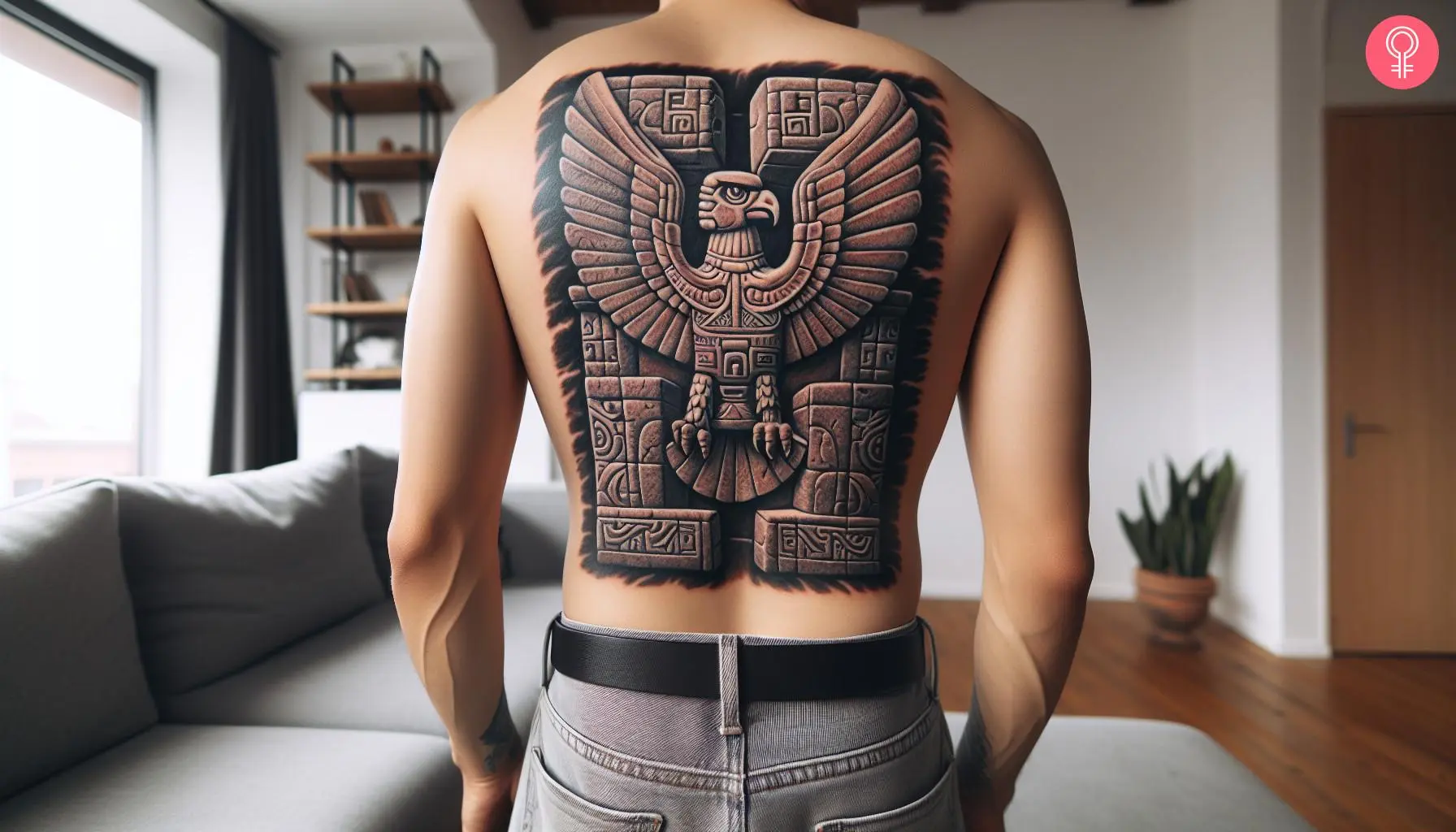 An inca eagle tattoo on the upper back of a man