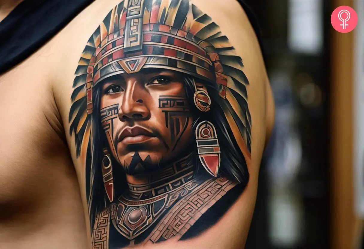 An inca warrior tattoo on the shoulder