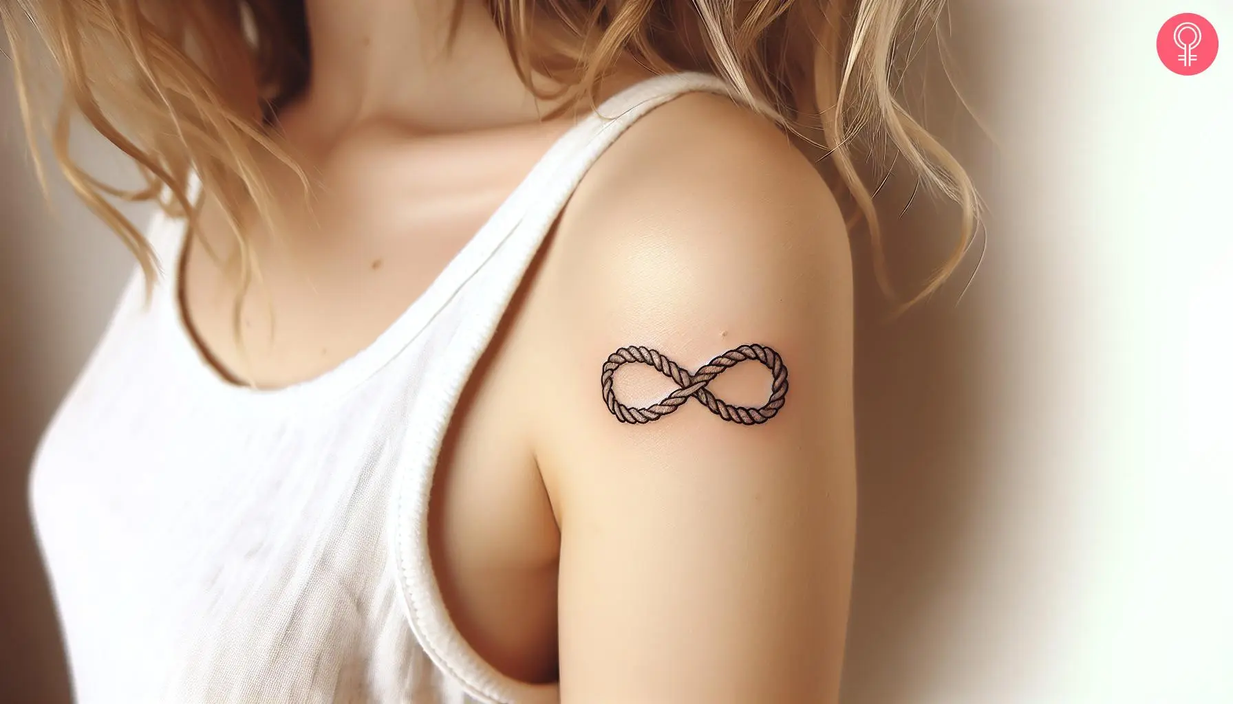 An infinity rope tattoo on a woman’s upper arm