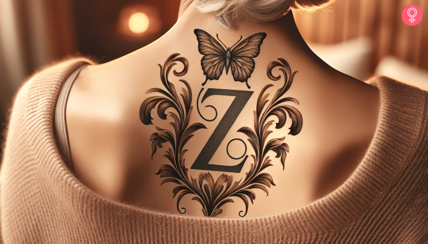 Initial Z tattoo with a butterfly on the back shoulder