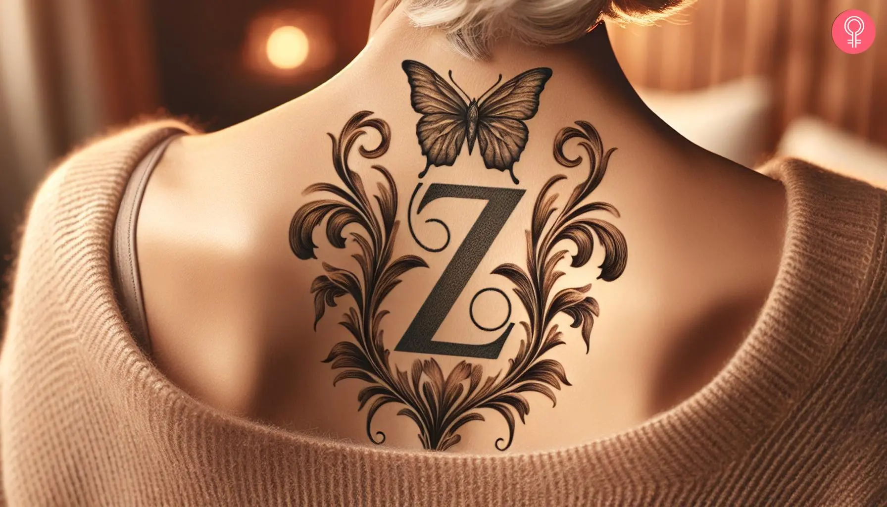 Initial Z tattoo with a butterfly on the back shoulder