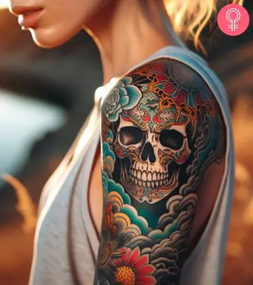 Japanese skull tattoo on the upper arm of a woman