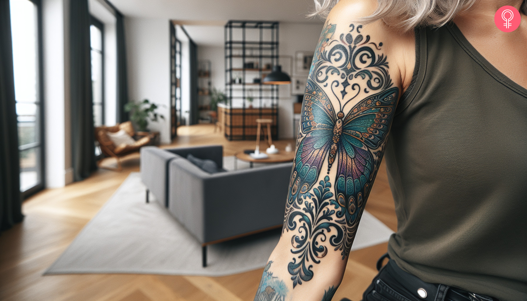 An intricate butterfly tattoo on the upper arm of a woman