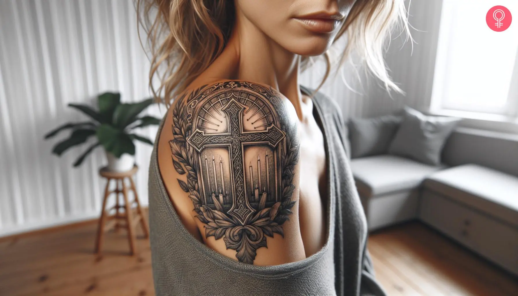 An intricate cross tattoo on the shoulder of a woman