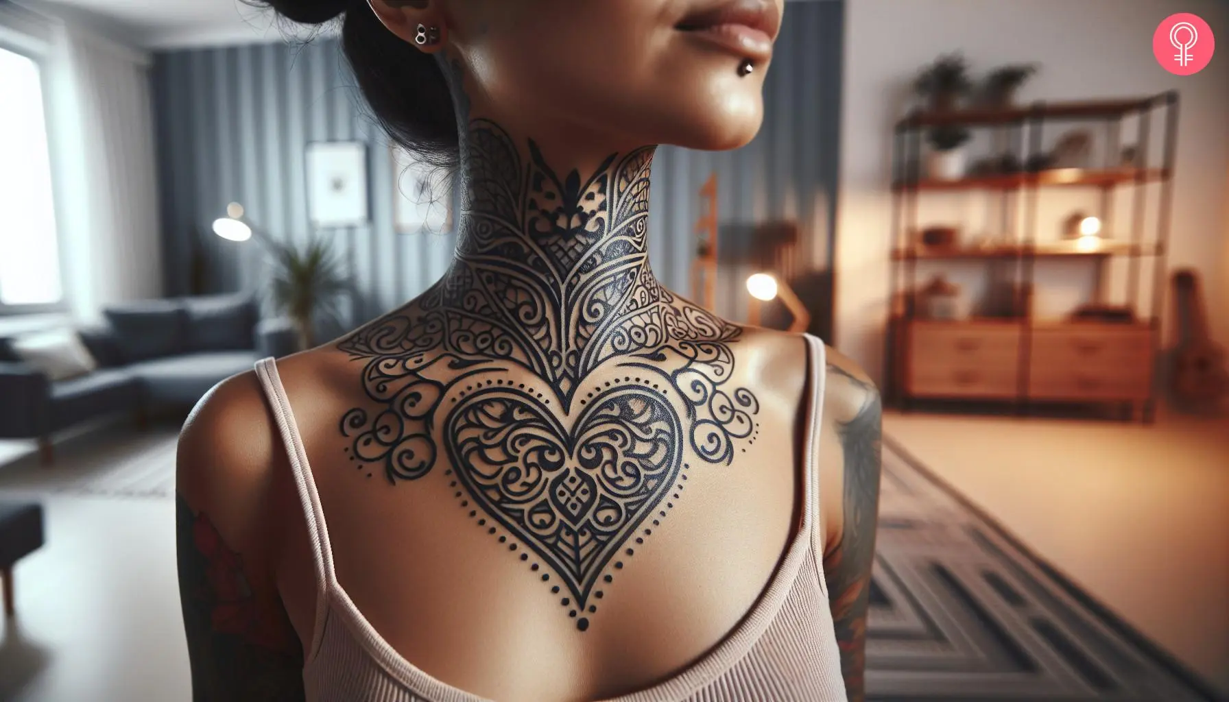 An intricate heart tattoo on the chest of a woman