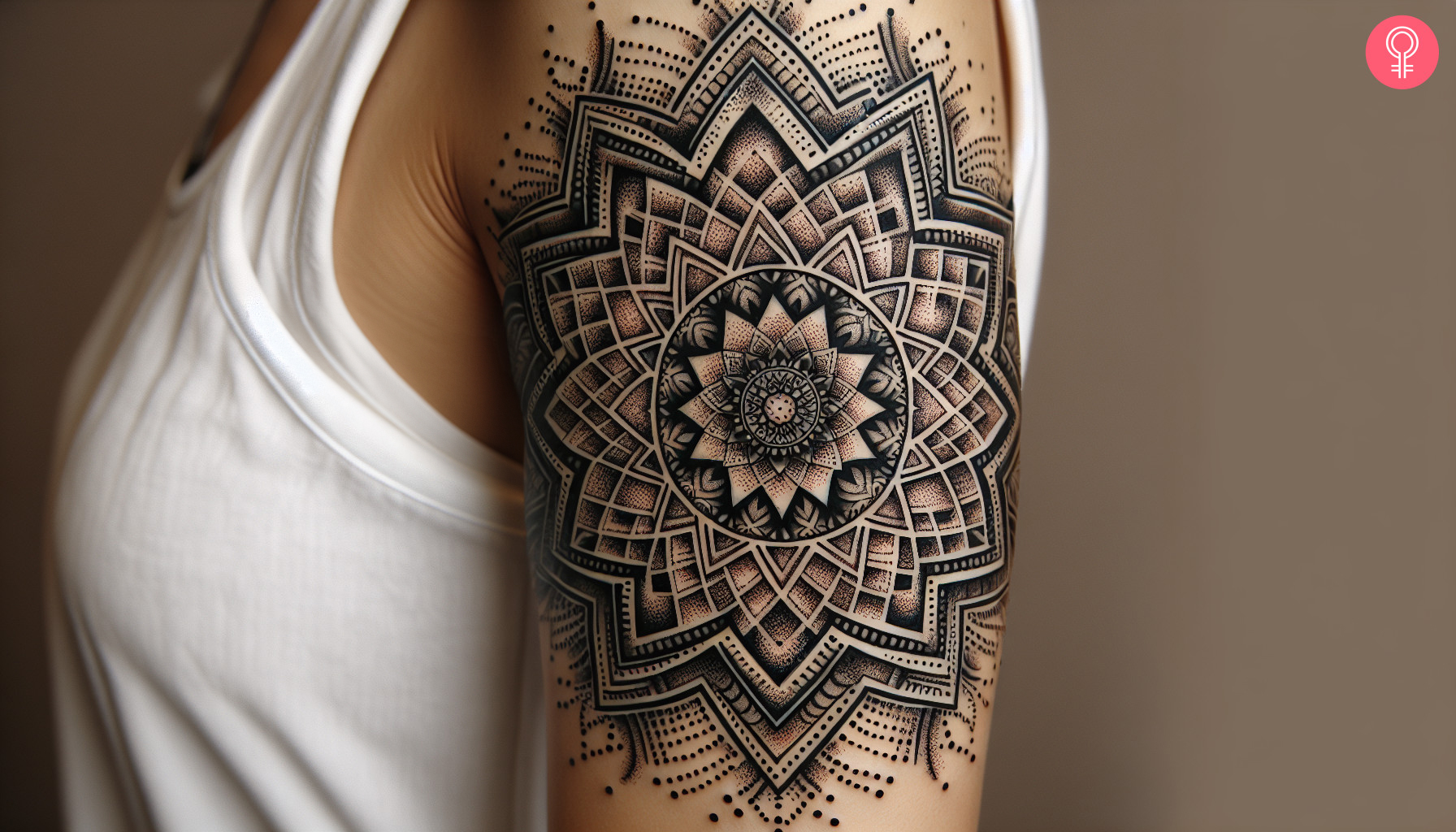 An intricate mandala tattoo on the arm of a woman