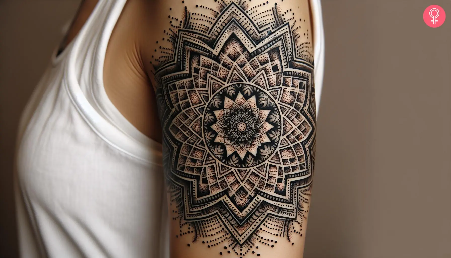 An intricate mandala tattoo on the arm of a woman