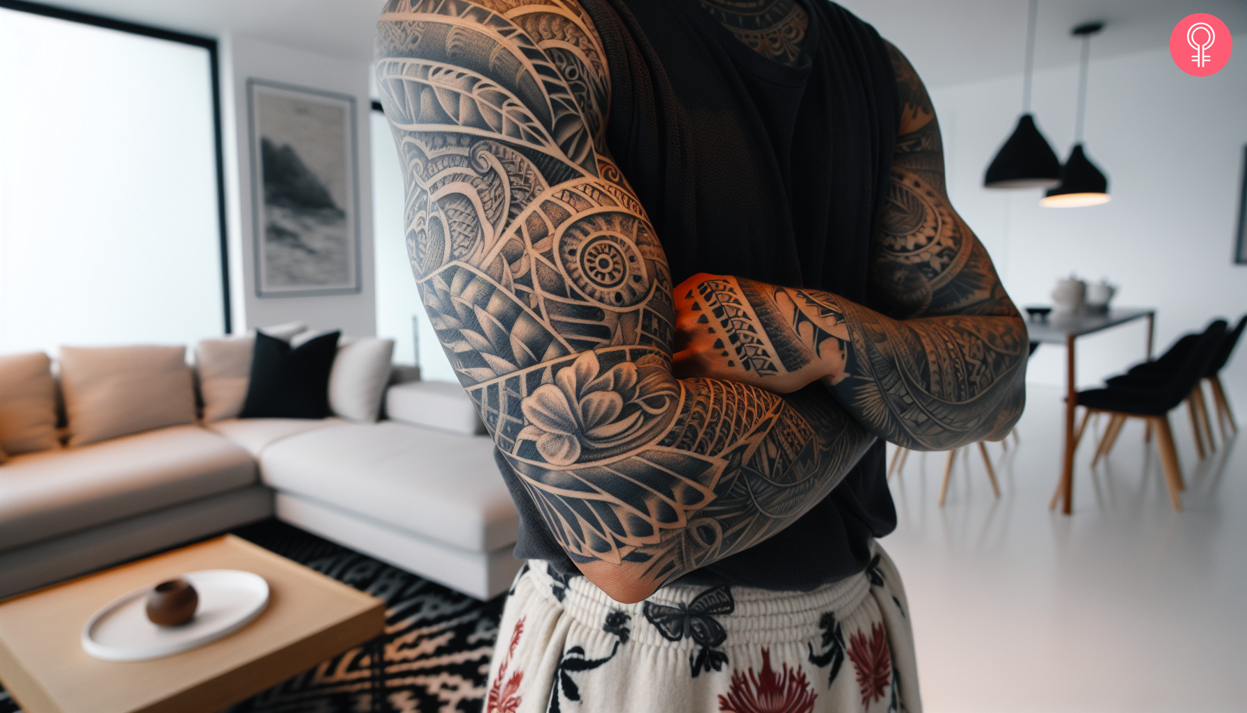 Polynesian intricate sleeve tattoo on a man