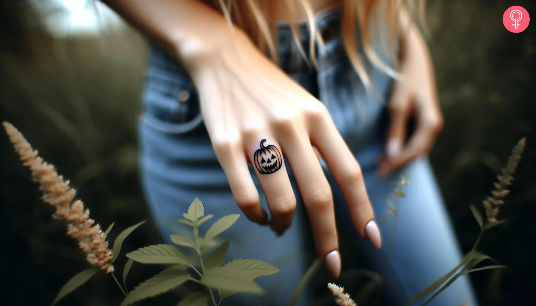 A jack-o'-lantern tattoo on the finger