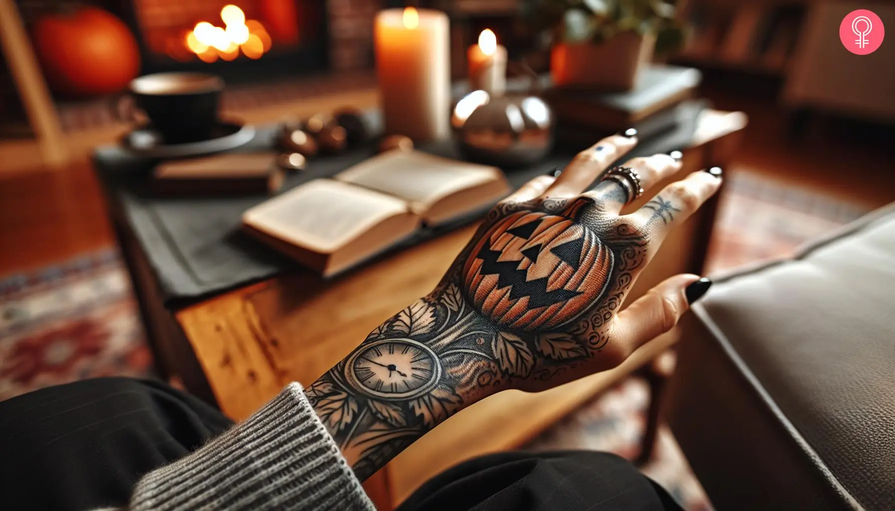 A jack-o'-lantern tattoo on the hand