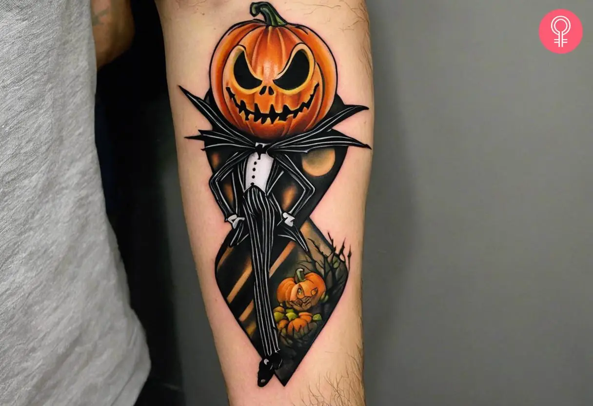 Jack Skellington pumpkin tattoo on the forearm