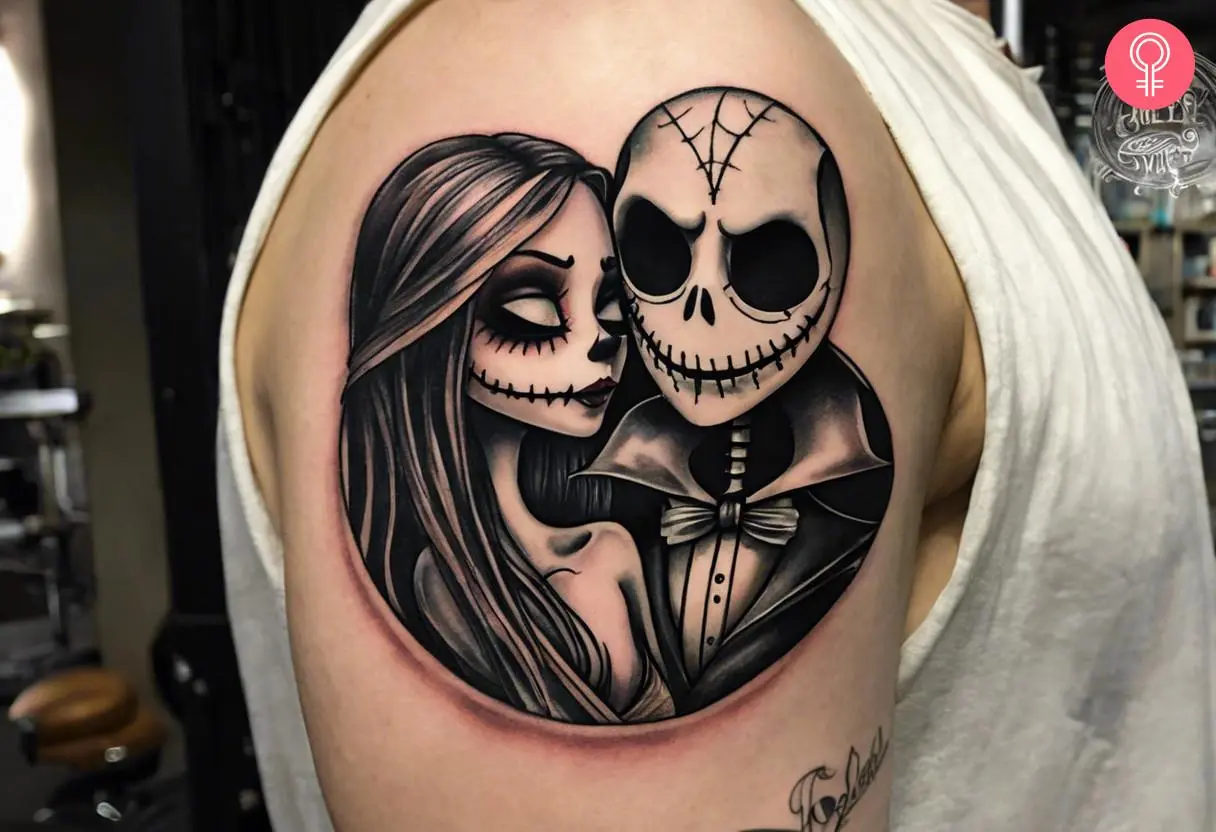 Jack and Sally tattoo on the upper arm