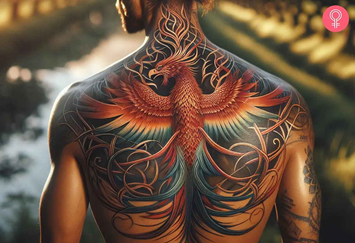 Japanese back tattoo for men featuring a phoenix