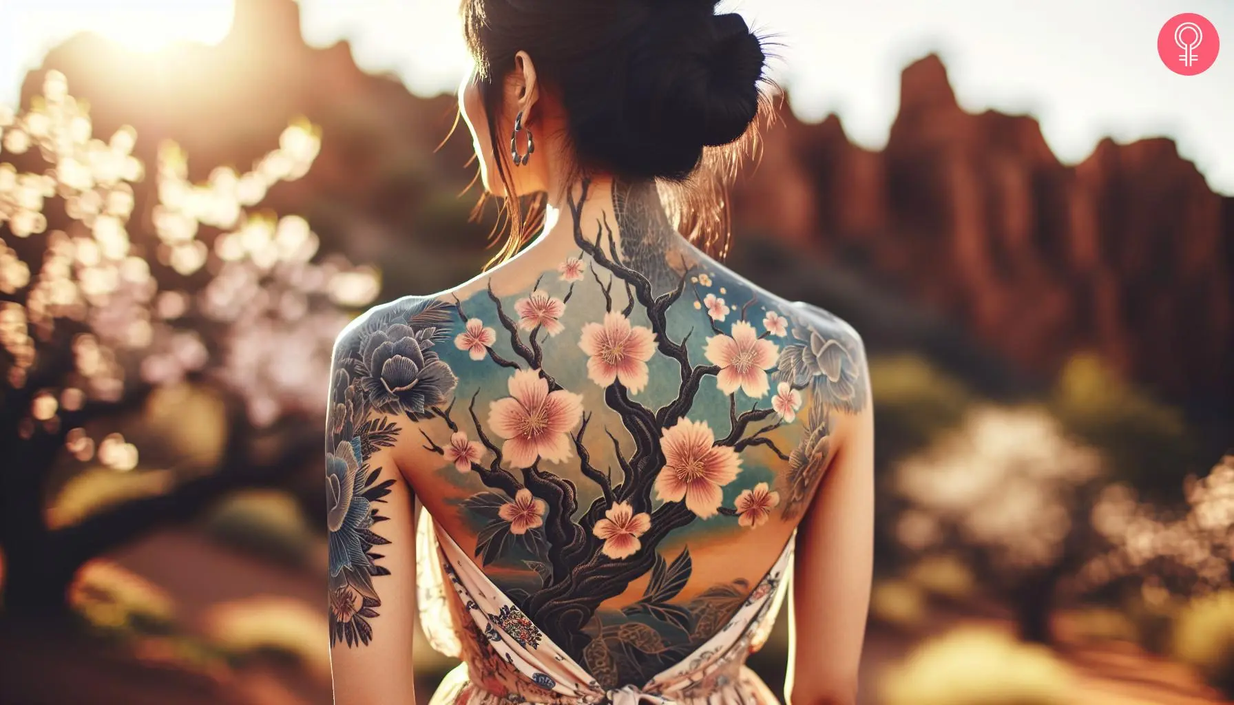 Japanese cherry blossom tattoo on a woman’s back