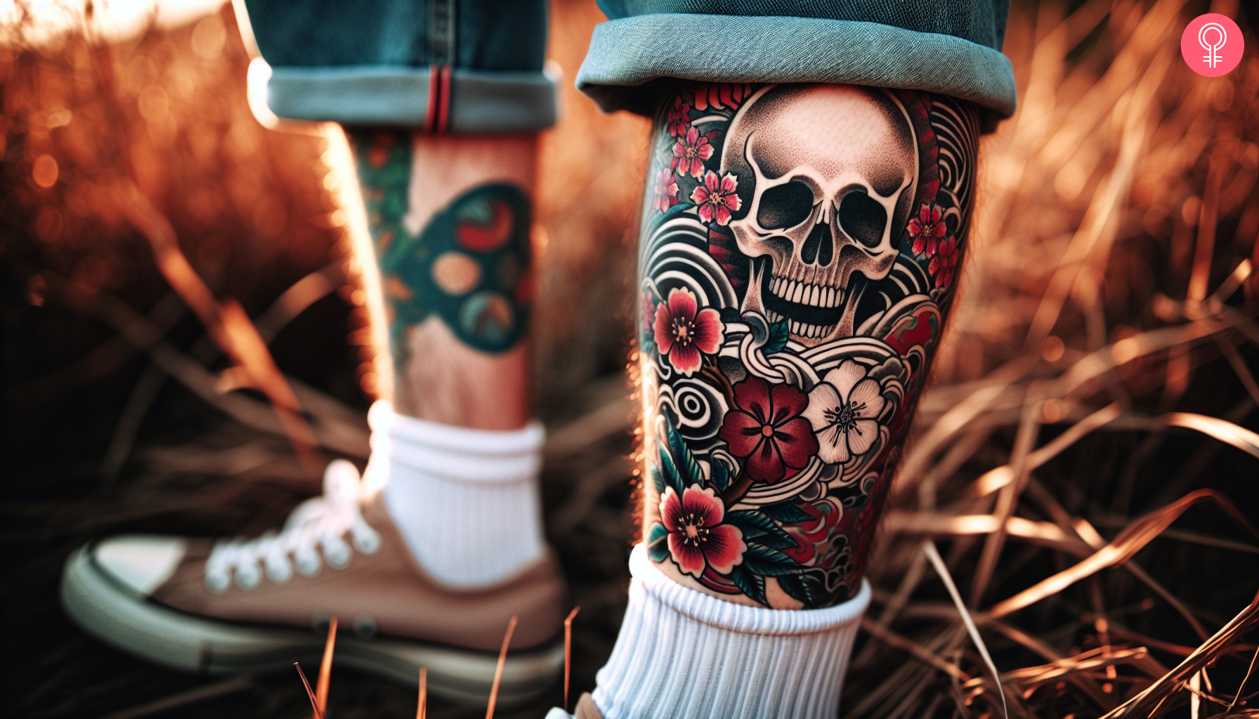 Japanese cherry blossom skull tattoo on the calf of a woman