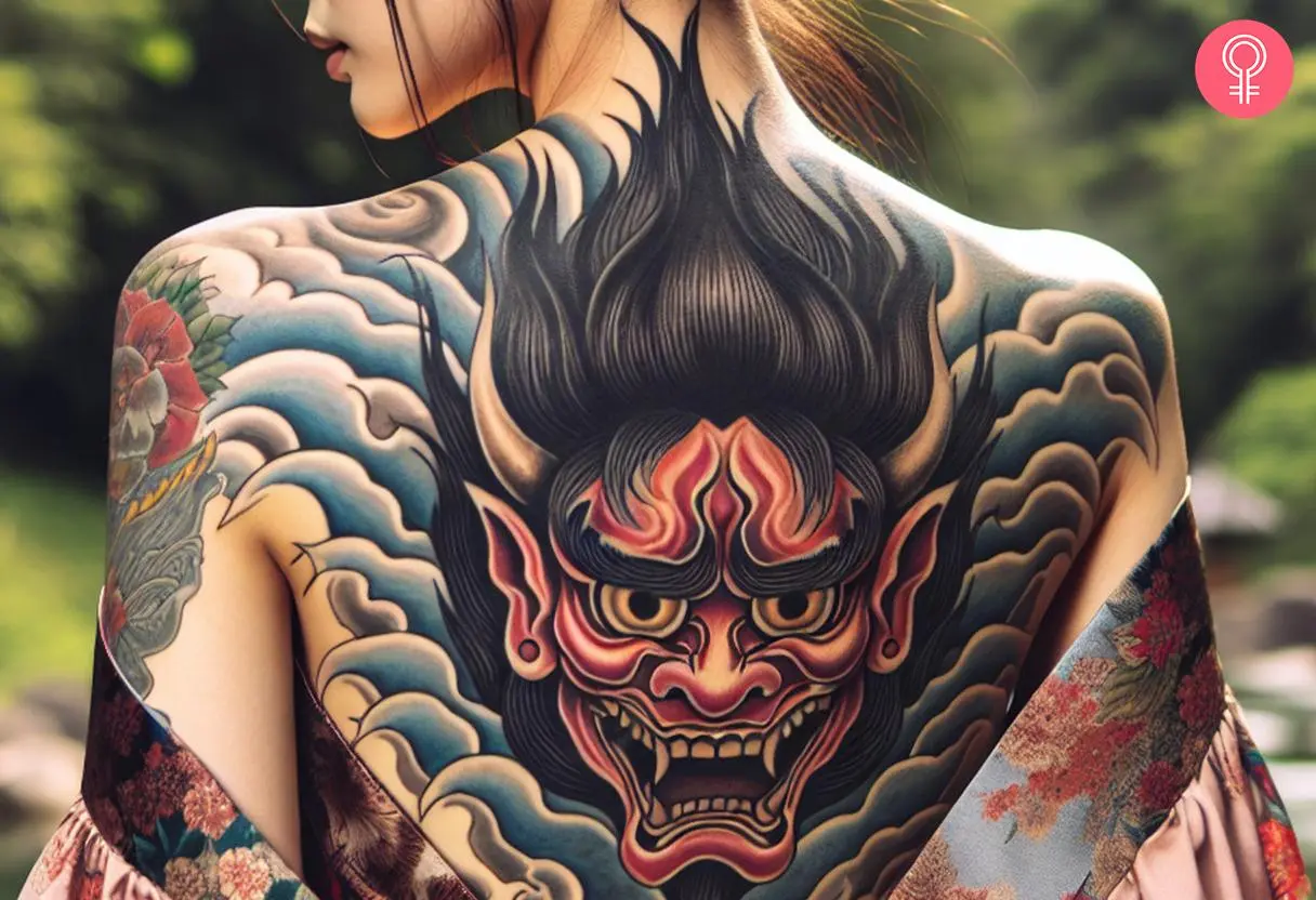 Japanese demon tattoo on a woman’s back