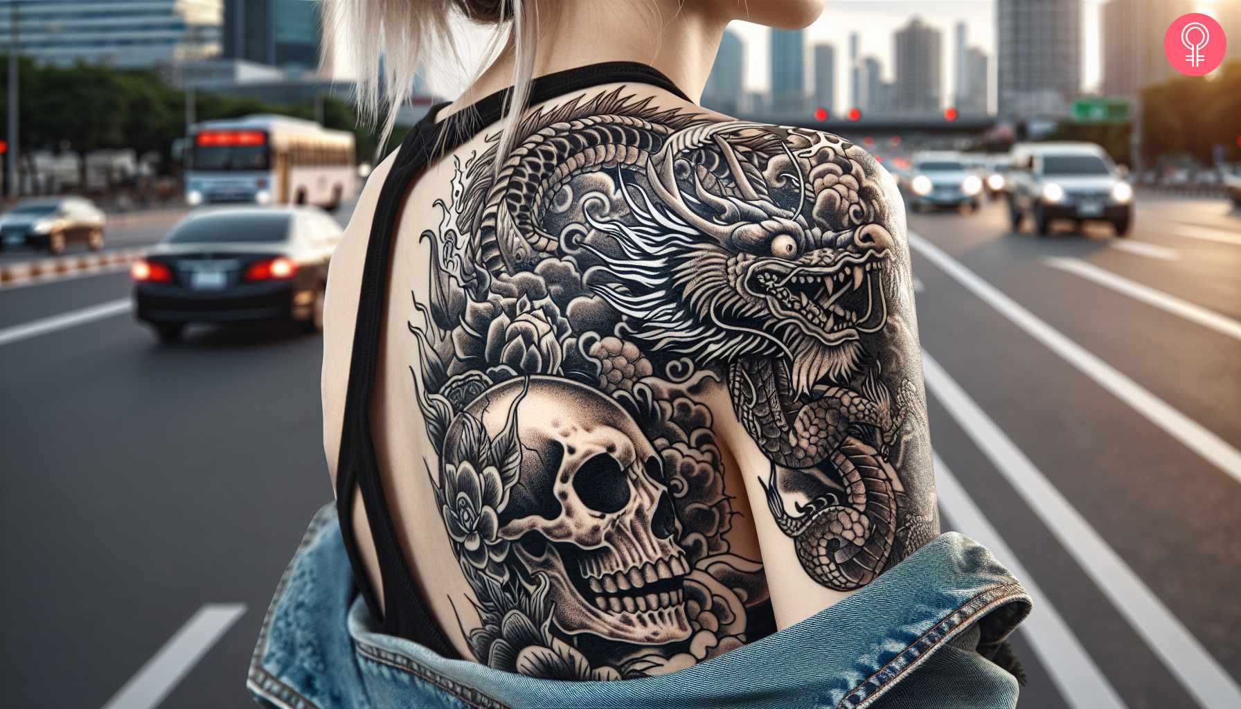 Japanese dragon and skull tattoo on the shoulder of a woman