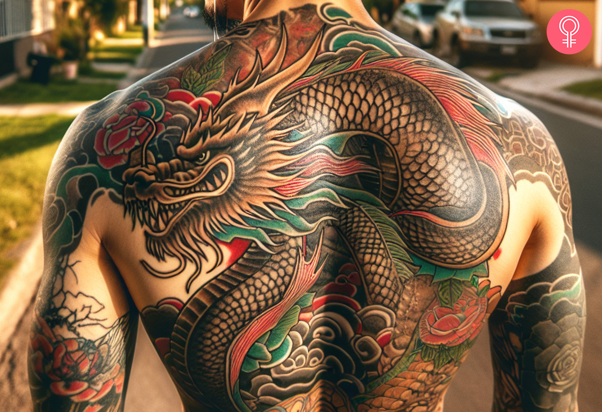 Japanese dragon back tattoo for men featuring a dragon