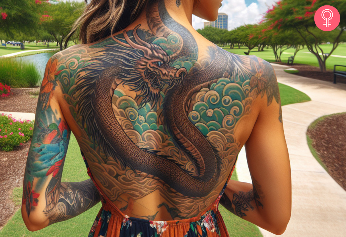 Japanese dragon back tattoo for women featuring a dragon