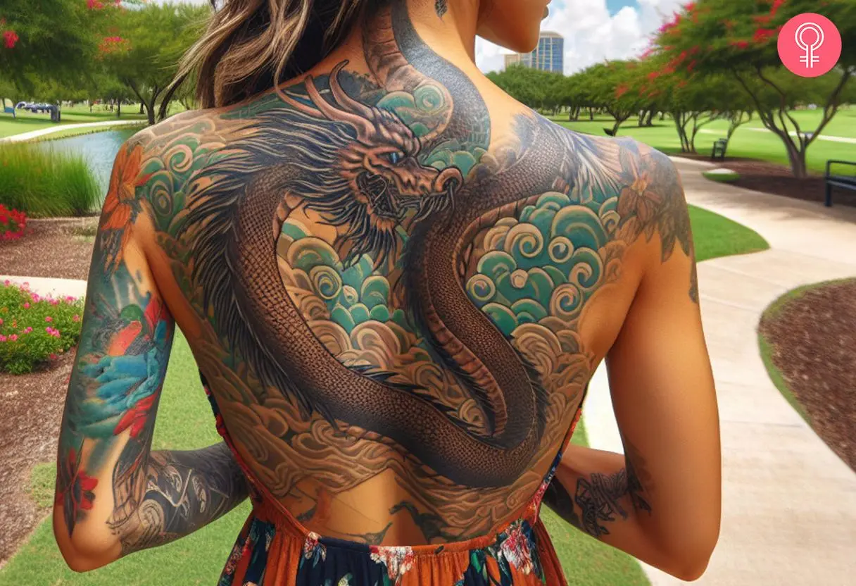 Japanese dragon back tattoo for women featuring a dragon