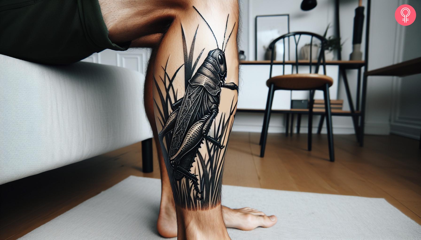 A Japanese grasshopper tattoo on a man's calf