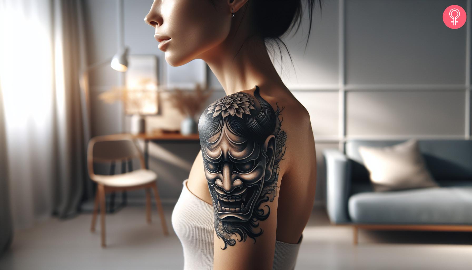 Japanese Hannya mask on the shoulder