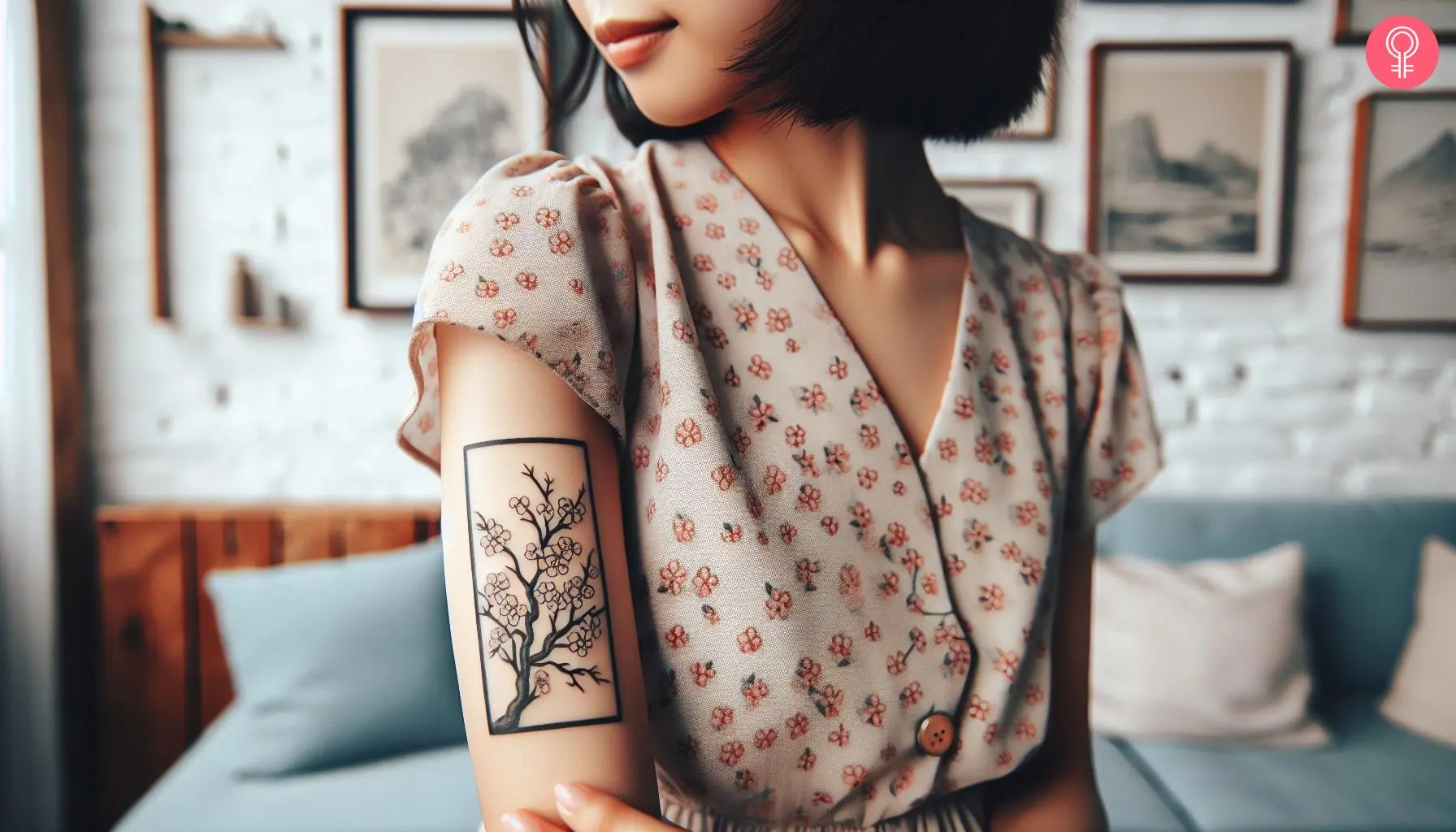 A Japanese locality frame tattoo with cherry blossom tree