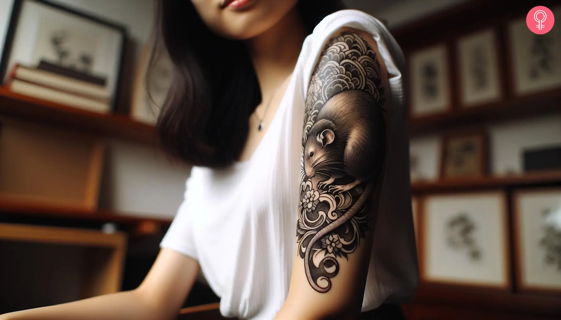 Woman with Japanese rat tattoo on her upper arm