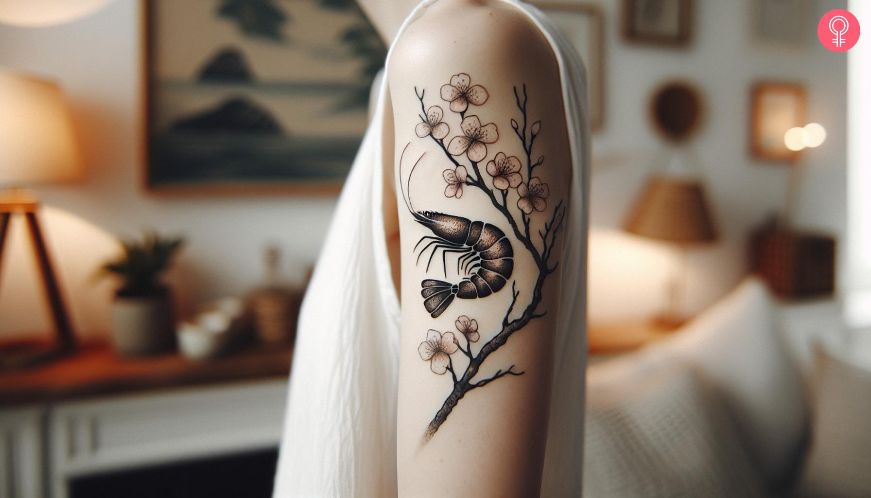 Japanese shrimp tattoo on a woman's upper arm