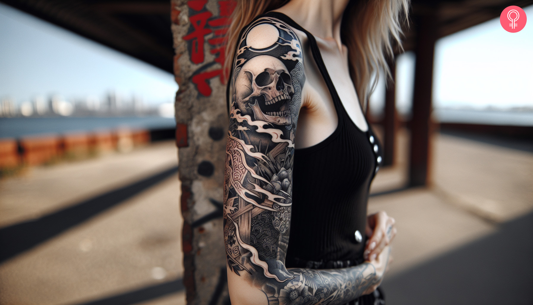 Japanese skull sleeve tattoo on the arm of a woman