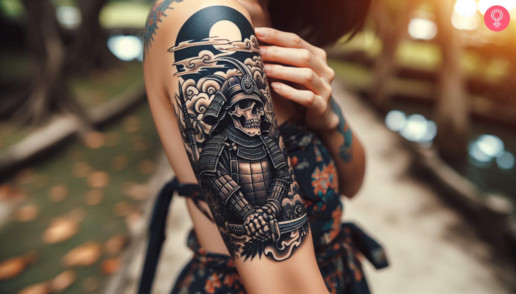 Japanese skull warrior tattoo on the upper arm of a woman